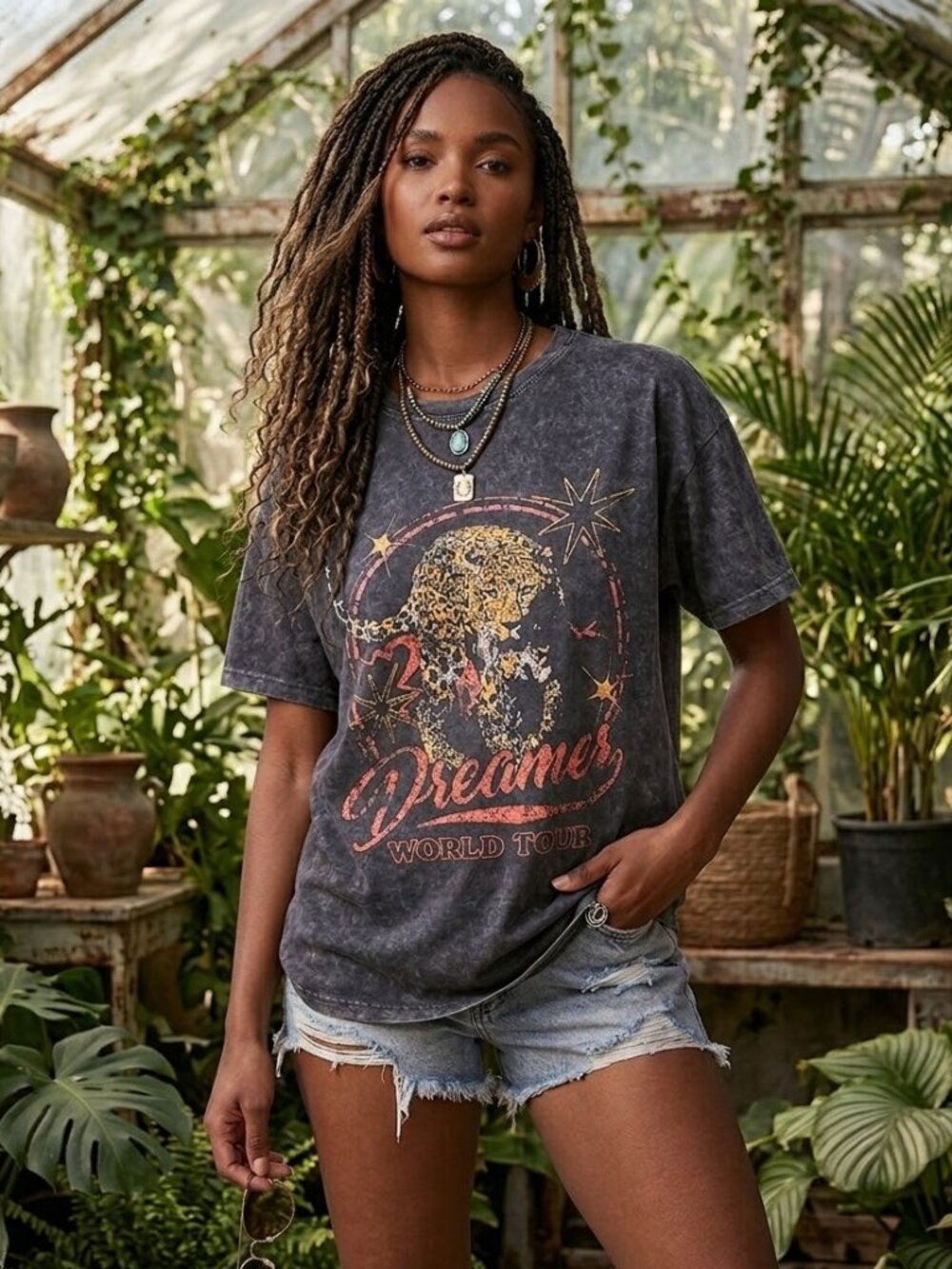 Zutter Dreamer World Tour Leopard Graphic Tee Acid Wash Charcoal Small